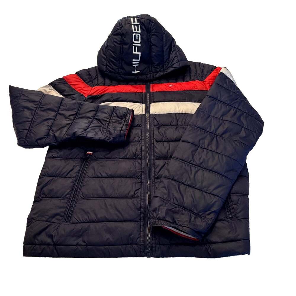 Tommy Hilfiger Puffer Jacket Mens Small Navy Red White Hooded Full Zip Coat